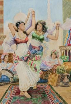 Fabio Fabbi Italian 1861 1946 Pair of Orientalist Watercolors Harem Dancers  - 1094864