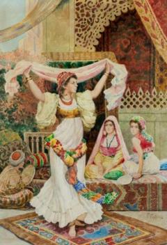 Fabio Fabbi Italian 1861 1946 Pair of Orientalist Watercolors Harem Dancers  - 1094866