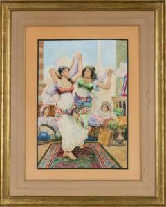 Fabio Fabbi Italian 1861 1946 Pair of Orientalist Watercolors Harem Dancers  - 1094868