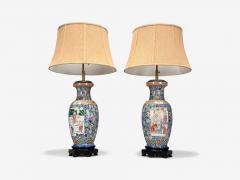 Famille Rose Large Chinese Table Lamps Porcelian Rosewood China 19th c  - 4618279