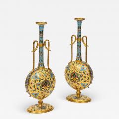 Ferdinand Barbedienne Extremely Rare Pair of Ferdinand Barbedienne Ormolu and Champleve Enamel Vases - 1169084