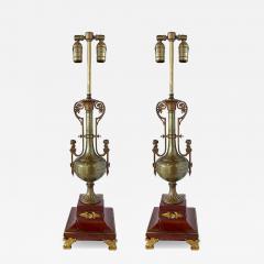 Ferdinand Barbedienne Pair French Empire Style Bronze and Rosso Marble Lamps F Barbedienne - 4703638