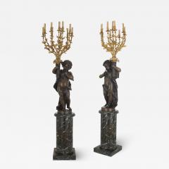Ferdinand Barbedienne Pair of monumental French antique marble and bronze candelabra torcheres - 2638853
