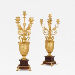 Ferdinand Barbedienne Pair of red marble and gilt bronze table candelabra by Barbedienne - 2638851