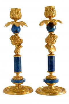 Figural Candlesticks Gilt Bronze Ormolu Lapis Lazuli 19th 20th C  - 1326285