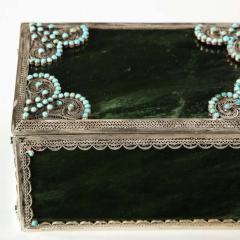 Filigree Sterling Silver Mounted Nephrite and Turquoise Rectangular Table Box - 1261545