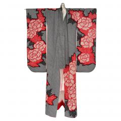 Fine Japanese Couture Shibori Silk Furisode Kimono with Under Garment - 3080977