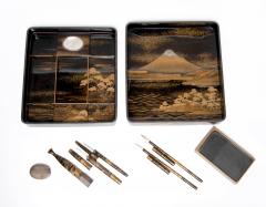 Fine Japanese Lacquer Fujiyama Makie Suzuribako with Complete Writing Implements - 3035956