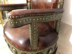 Fine Leather Brass Natural Stones and Camel Bone Inlaid Chairs Table - 2865592