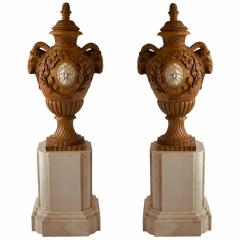 Fine and Monumental Pair of Italian Neoclassical Siena Marble Urns on Pedestal - 4409302