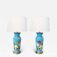 Fine pair of French blue opaline lamps w polychromed decoration - 2398040