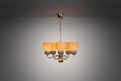 Finnish Brass and Opal Glass Chandelier by Saariston Valaisin Finland ca 1950s - 3412884
