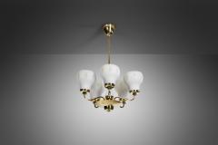 Finnish Brass and Opal Glass Chandelier by Saariston Valaisin Finland ca 1950s - 3412907