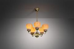 Finnish Brass and Opal Glass Chandelier by Saariston Valaisin Finland ca 1950s - 3412916