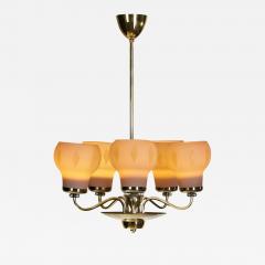 Finnish Brass and Opal Glass Chandelier by Saariston Valaisin Finland ca 1950s - 3431911