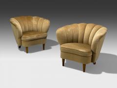 Finnish Modern Lounge Chairs Beige Velvet Wood Finland 1950s - 4448304