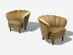 Finnish Modern Lounge Chairs Beige Velvet Wood Finland 1950s - 4448305