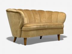 Finnish Modern Settee Beige Velvet Wood Finland 1950s - 4449036