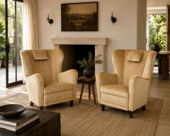 Finnish Modern Wingback Chairs Beige Velvet Wood Finland 1950s - 4749369