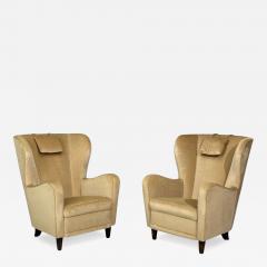 Finnish Modern Wingback Chairs Beige Velvet Wood Finland 1950s - 4751517