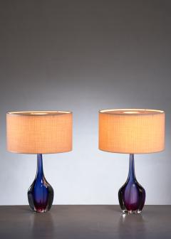 Flavio Poli Pair of purple and blue Arte Nuova Murano glass table lamps - 1702365