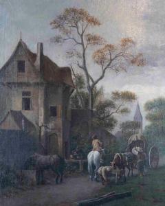 Flemish 18th Century Oil on Canvas Suburban Street with Wayfarers - 4663342