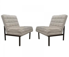 Florence Knoll Mid Century Modern Slipper Lounge Chairs in Grey Tweed with Bronze Frames - 2537355