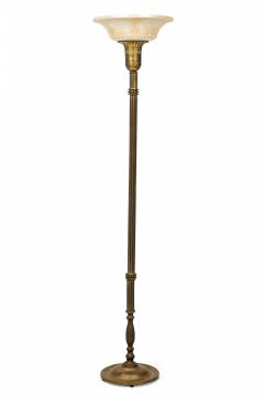 Fluted Brass Floor Lamp with White Foliate Patterned Pressed Glass Shade - 4162421