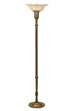 Fluted Brass Floor Lamp with White Foliate Patterned Pressed Glass Shade - 4162422