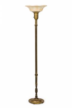 Fluted Brass Floor Lamp with White Foliate Patterned Pressed Glass Shade - 4162423