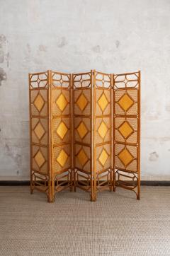 Folding Bamboo Screen With Woven Rush Panels 1970s - 4736787