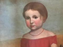 Folk Art Portrait Painting Young Girl In a Red Dress American Circa 1825 - 3701444