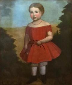 Folk Art Portrait Painting Young Girl In a Red Dress American Circa 1825 - 3702245