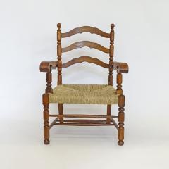 Folk Art Sculpted Wood and Straw Armchair - 4306568