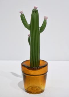 Formia Murano - 1990s Vintage Italian Green Murano Glass Cactus Plant with  Rosé Pink Flowers