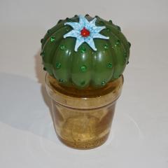 Formia Murano 1990s Vintage Italian Green Murano Glass Small Cactus Plant with Blue Flower - 1534218