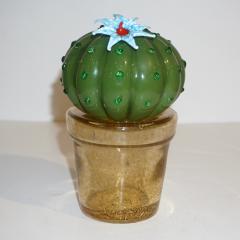 Formia Murano 1990s Vintage Italian Green Murano Glass Small Cactus Plant with Blue Flower - 1534219