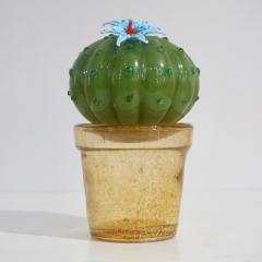 Formia Murano 1990s Vintage Italian Green Murano Glass Small Cactus Plant with Blue Flower - 1534220