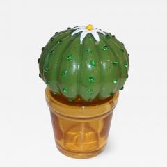 Formia Murano 1990s Vintage Italian Green Murano Glass Small Cactus Plant with White Flower - 1535521