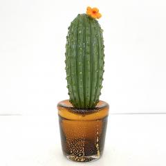 Formia Murano 1990s Vintage Italian Green Murano Glass Tall Cactus Plant with Orange Flower - 2209503
