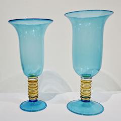 Formia Murano Formia 1970s Italian Set of 2 Aquamarine Amber Clear Murano Glass Vases on Foot - 805553