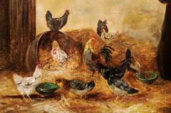 Framed 19th Century Oil on Canvas Barn Painting with Rooster Hens and Chicks - 3424209