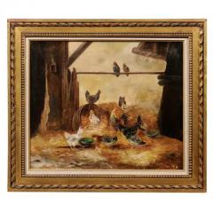 Framed 19th Century Oil on Canvas Barn Painting with Rooster Hens and Chicks - 3424212