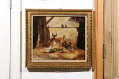 Framed 19th Century Oil on Canvas Barn Painting with Rooster Hens and Chicks - 3424220