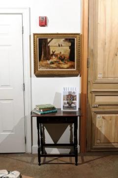 Framed 19th Century Oil on Canvas Barn Painting with Rooster Hens and Chicks - 3424224