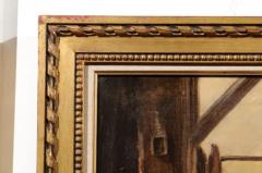 Framed 19th Century Oil on Canvas Barn Painting with Rooster Hens and Chicks - 3424303