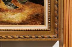 Framed 19th Century Oil on Canvas Barn Painting with Rooster Hens and Chicks - 3424310