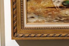 Framed 19th Century Oil on Canvas Barn Painting with Rooster Hens and Chicks - 3424315