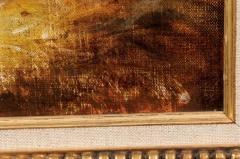 Framed 19th Century Oil on Canvas Barn Painting with Rooster Hens and Chicks - 3424322