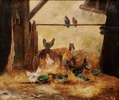 Framed 19th Century Oil on Canvas Barn Painting with Rooster Hens and Chicks - 3430460